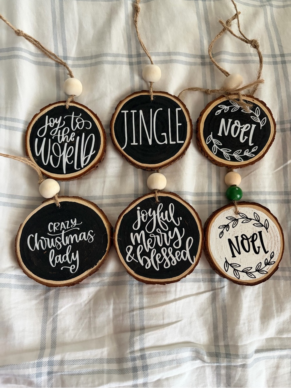 Handmade Black & White Wooden Christmas Ornament Set of 6